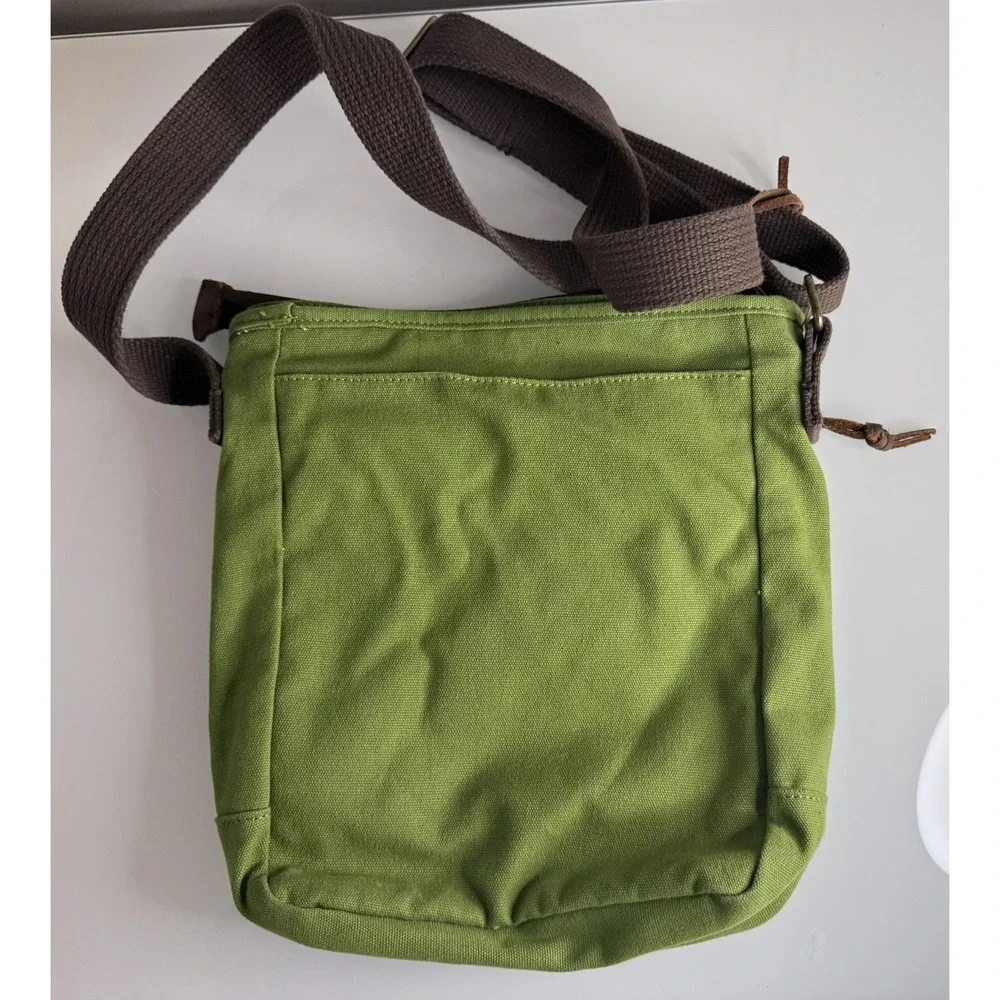 Duluth Trading Co Canvas Organizer Zip Crossbody Bag Green Brown Strap EUC